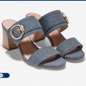 COLE HAAN Alina City Mule Block Heeled Blue Chambray Sandal Gold Buckle 8.5 9
